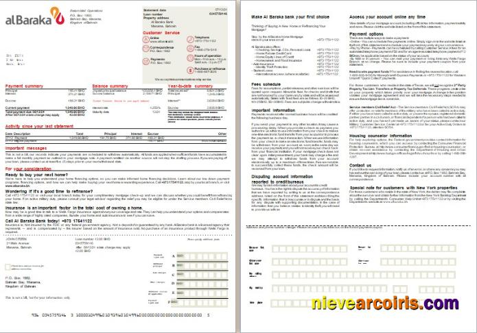 Bahrain Al Baraka bank mortgage statement, 2 pages, 1-2
